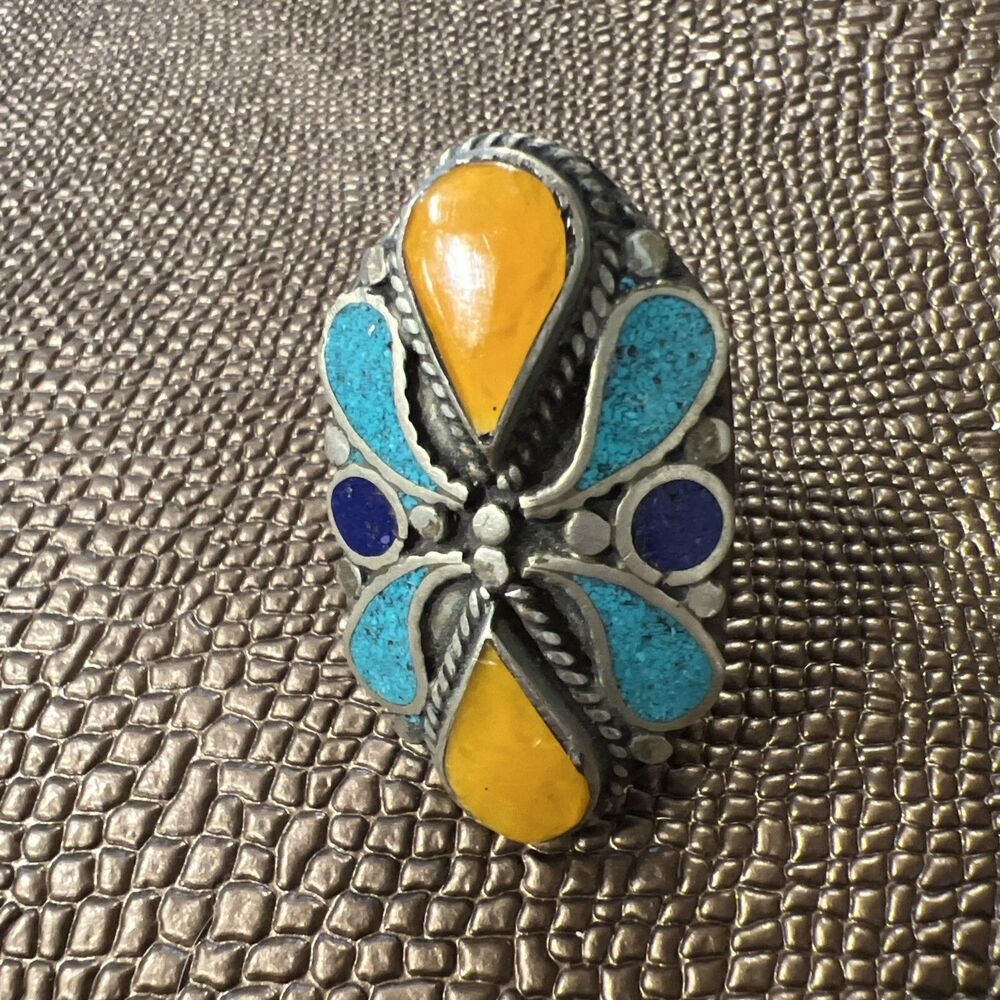 Natural Turquoise Stone Coral Old Wonderful Unique Silver Tone Ring